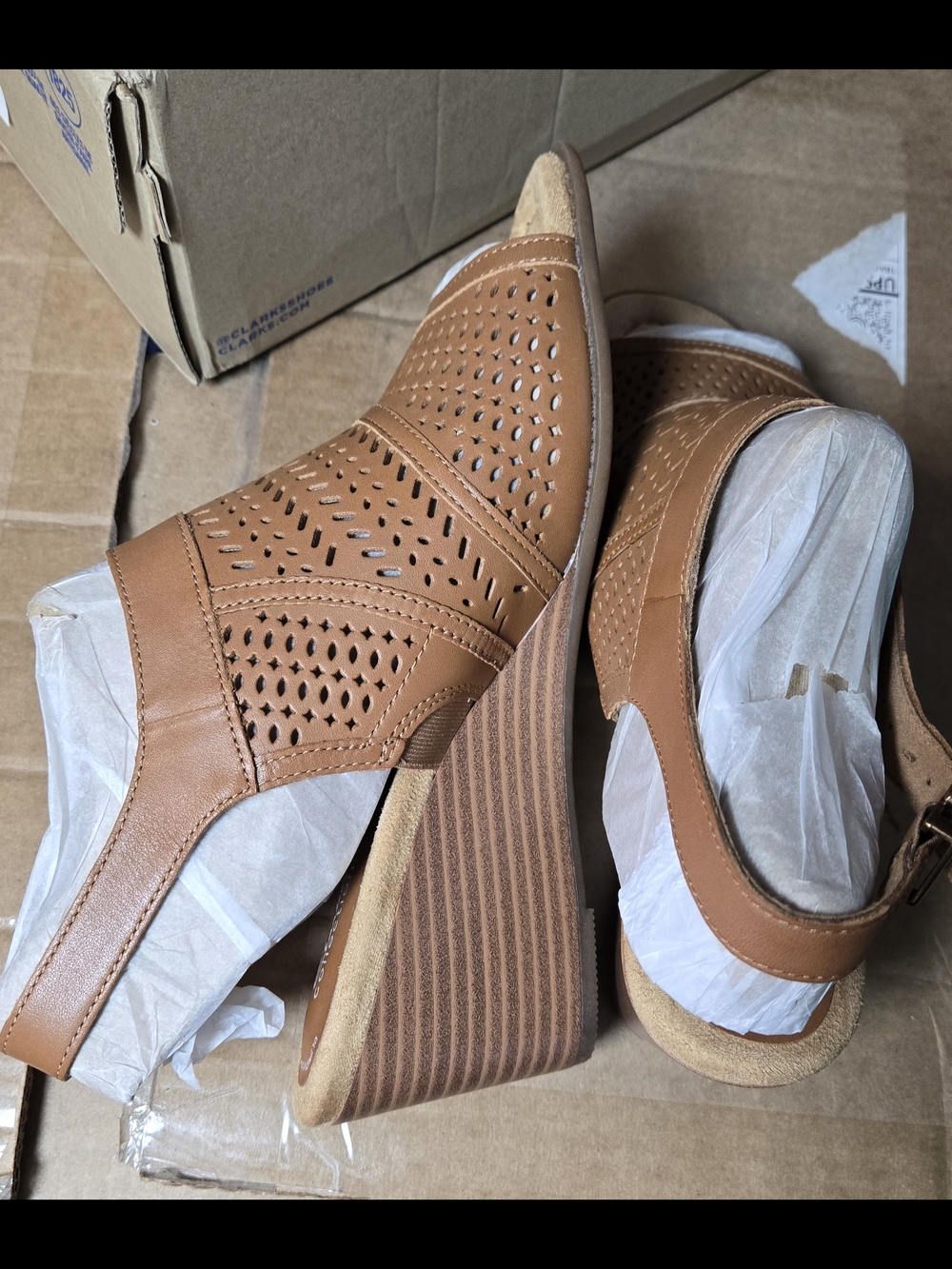 Clarks Tan Perforated Slingback Wedge Sandals